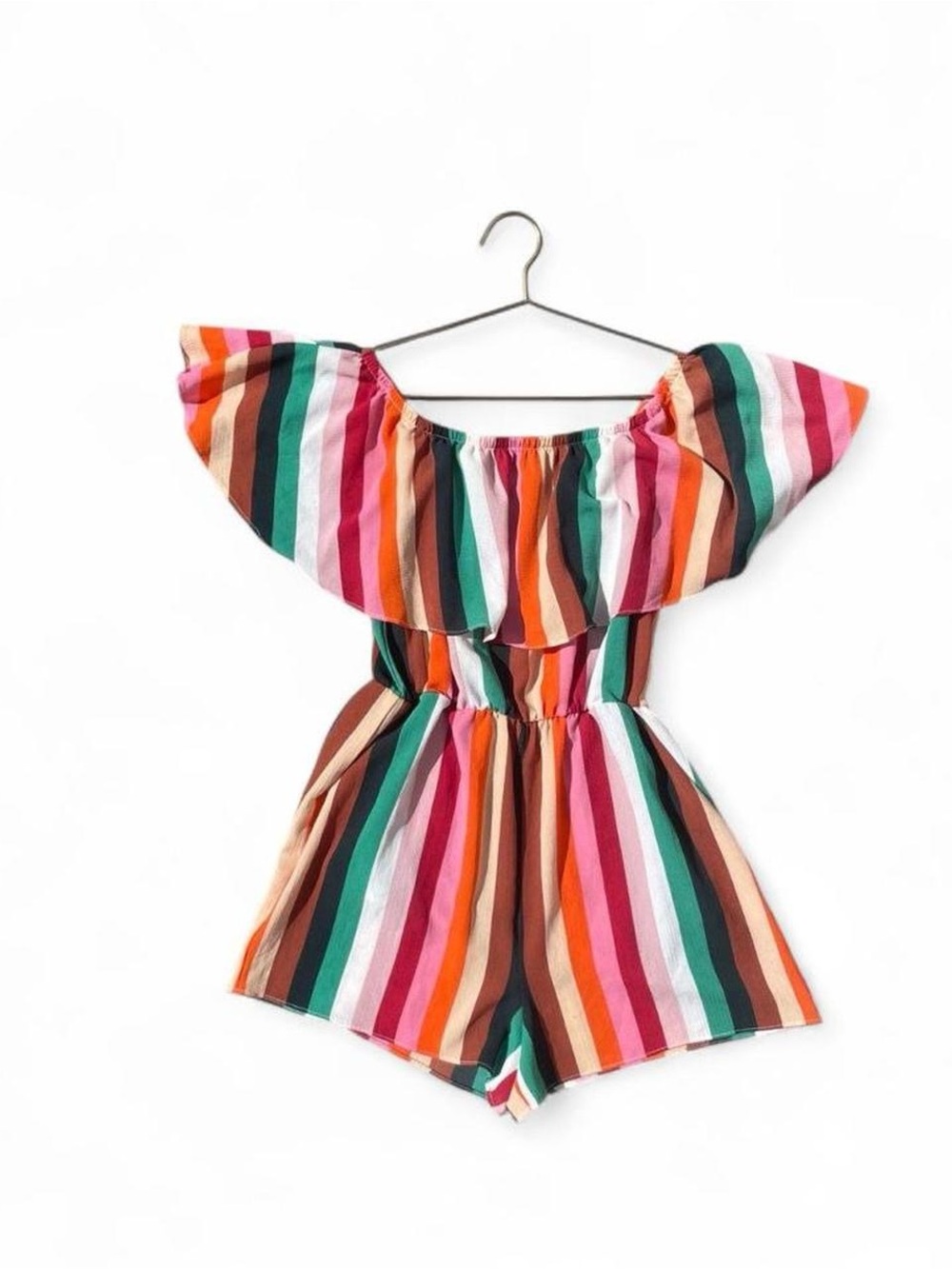 Colorful Striped Off-Shoulder Romper — Clowncore Kidcore Festival One Piece
